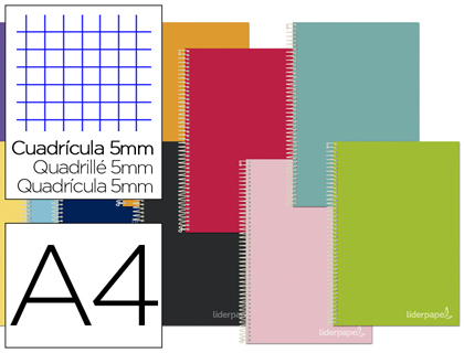 Cuaderno espiral Liderpapel Jolly A4 tapa extradura 80h 75g micro c/5mm. colores surtidos